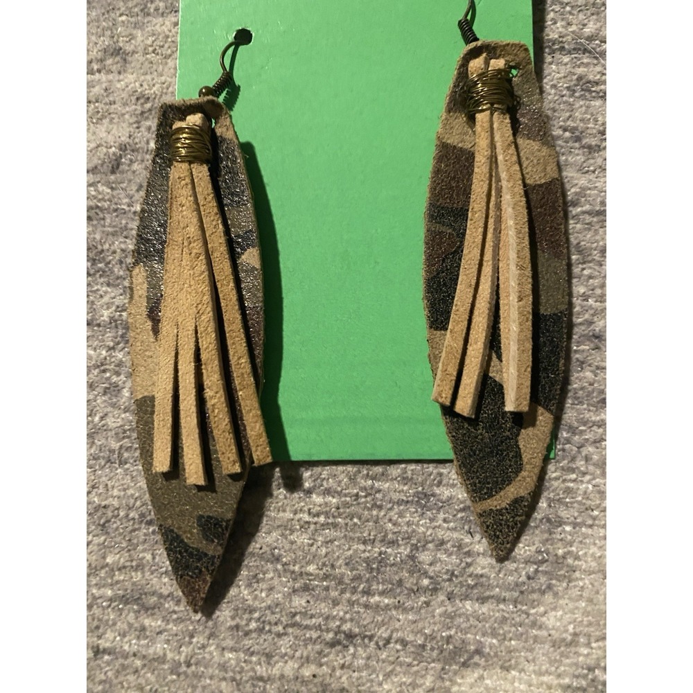 SUEDE CAMO WITH TASSEL LONG FISHHOOK STYLE EARRINGS COUNTRY WESTERN